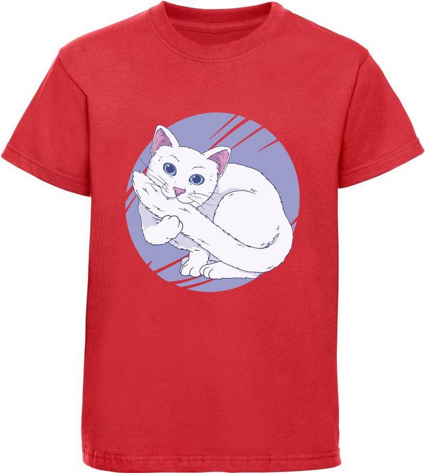 MyDesign24 Print-Shirt bedrucktes Mädchen T-Shirt weiße Katze die in Ihren Schwanz beißt Baumwollshirt mit Aufdruck, weiß, schwarz, rot, rosa, i127 von MyDesign24