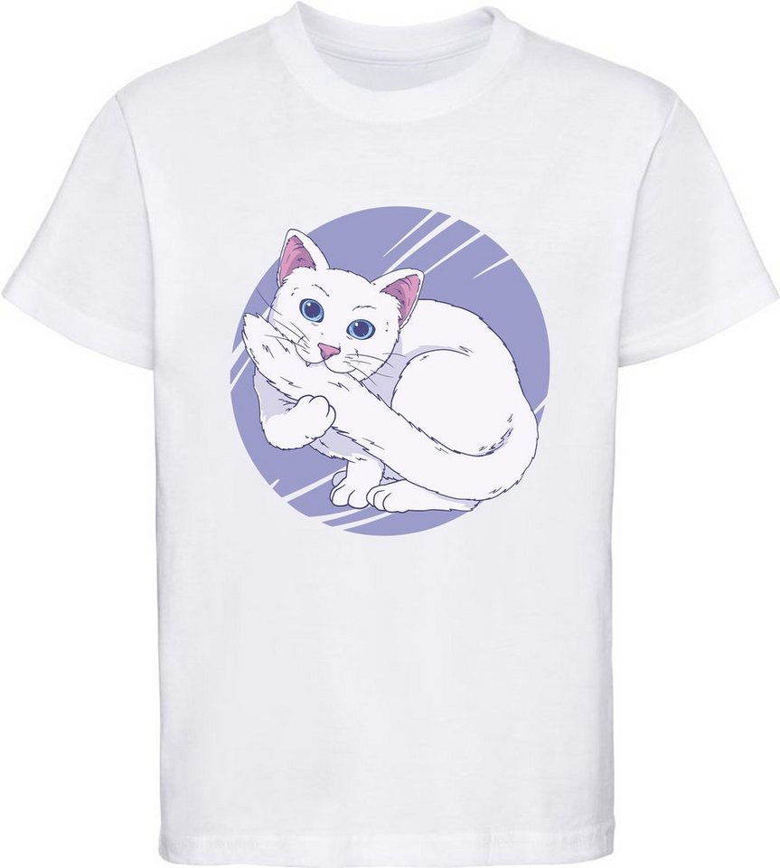 MyDesign24 Print-Shirt bedrucktes Mädchen T-Shirt weiße Katze die in Ihren Schwanz beißt Baumwollshirt mit Aufdruck, weiß, schwarz, rot, rosa, i127 von MyDesign24