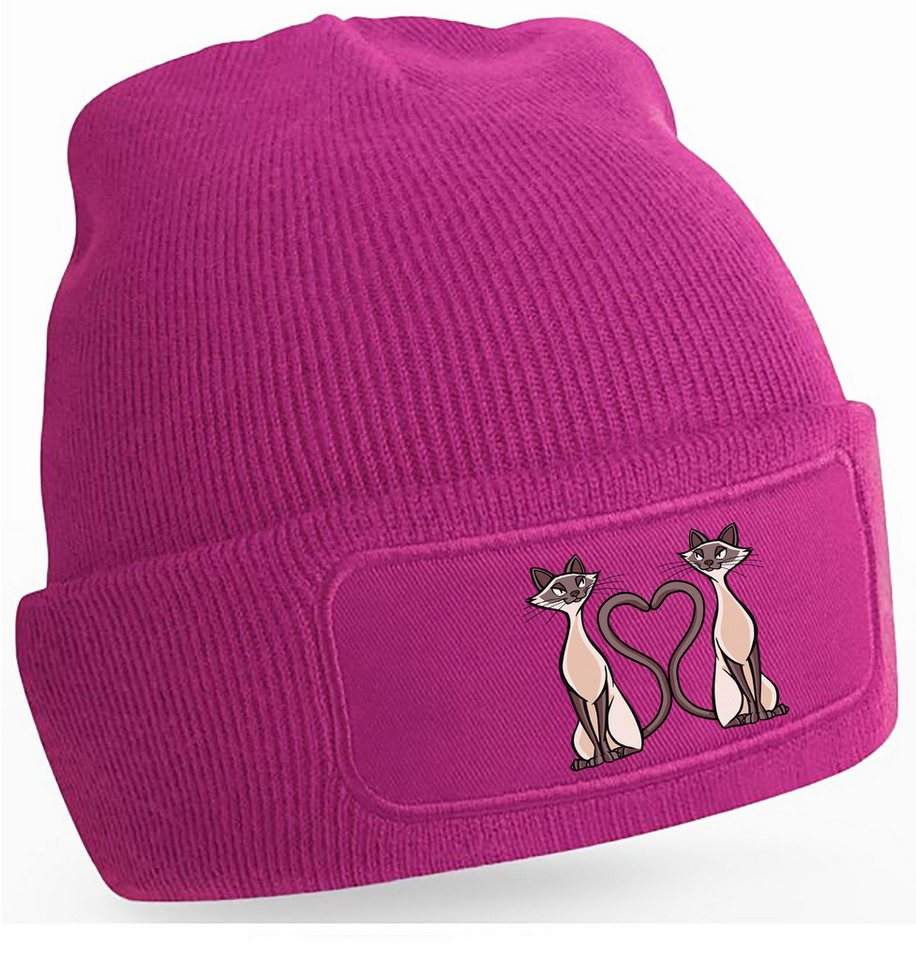 MyDesign24 Strickmütze für kalte Tage - Beanie mit 2 verliebten Katzen Print Modische Katzen Mütze Wintermütze i115 von MyDesign24