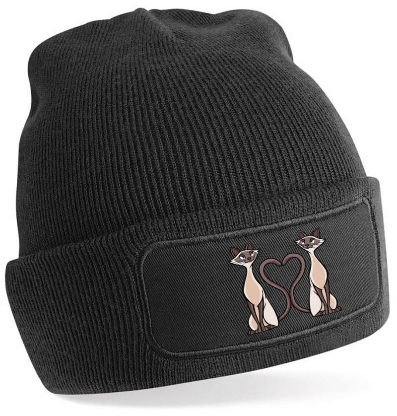 MyDesign24 Strickmütze für kalte Tage - Beanie mit 2 verliebten Katzen Print Modische Katzen Mütze Wintermütze i115 von MyDesign24
