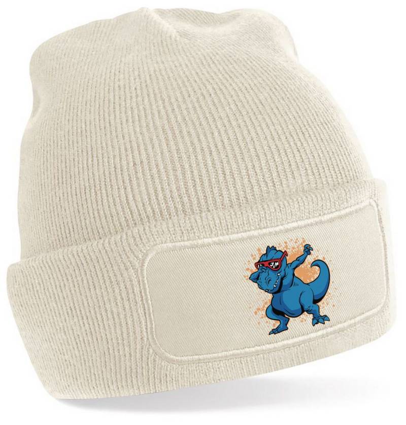 MyDesign24 Strickmütze für kalte Tage - Beanie mit Dab tanzendem Dino Print Coole Dino Mütze Wintermütze i49 von MyDesign24