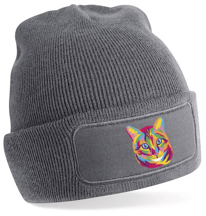 MyDesign24 Strickmütze für kalte Tage - Beanie mit Katze in Ölfarben Print Coole Katzen Mütze Wintermütze i125 von MyDesign24