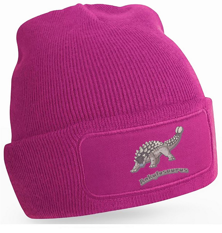 MyDesign24 Strickmütze für kalte Tage - Beanie mit Umschlag und Ankylosaurus Print Coole Dino Mütze Wintermütze i63 von MyDesign24