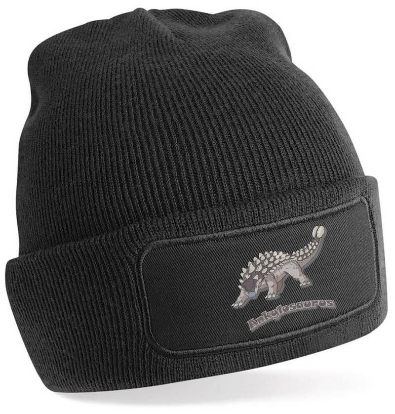 MyDesign24 Strickmütze für kalte Tage - Beanie mit Umschlag und Ankylosaurus Print Coole Dino Mütze Wintermütze i63 von MyDesign24
