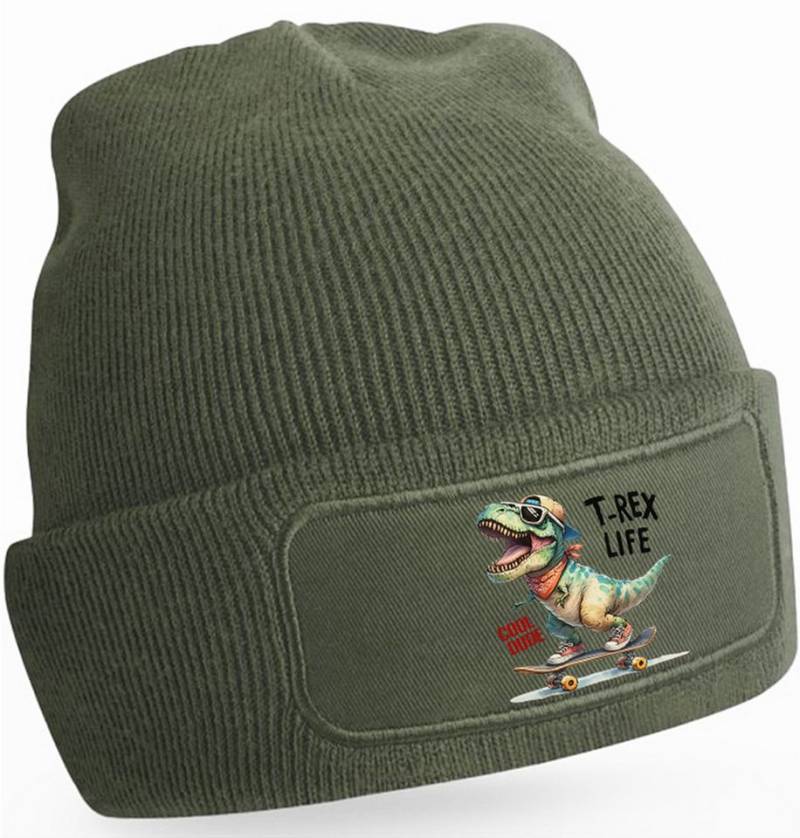 MyDesign24 Strickmütze für kalte Tage - Beanie mit Umschlag und Dino Skater Print Dino Skater Mütze Männer Frauen Jungen und Mädchen Wintermütze i532 von MyDesign24