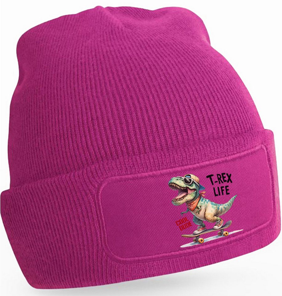 MyDesign24 Strickmütze für kalte Tage - Beanie mit Umschlag und Dino Skater Print Dino Skater Mütze Männer Frauen Jungen und Mädchen Wintermütze i532 von MyDesign24