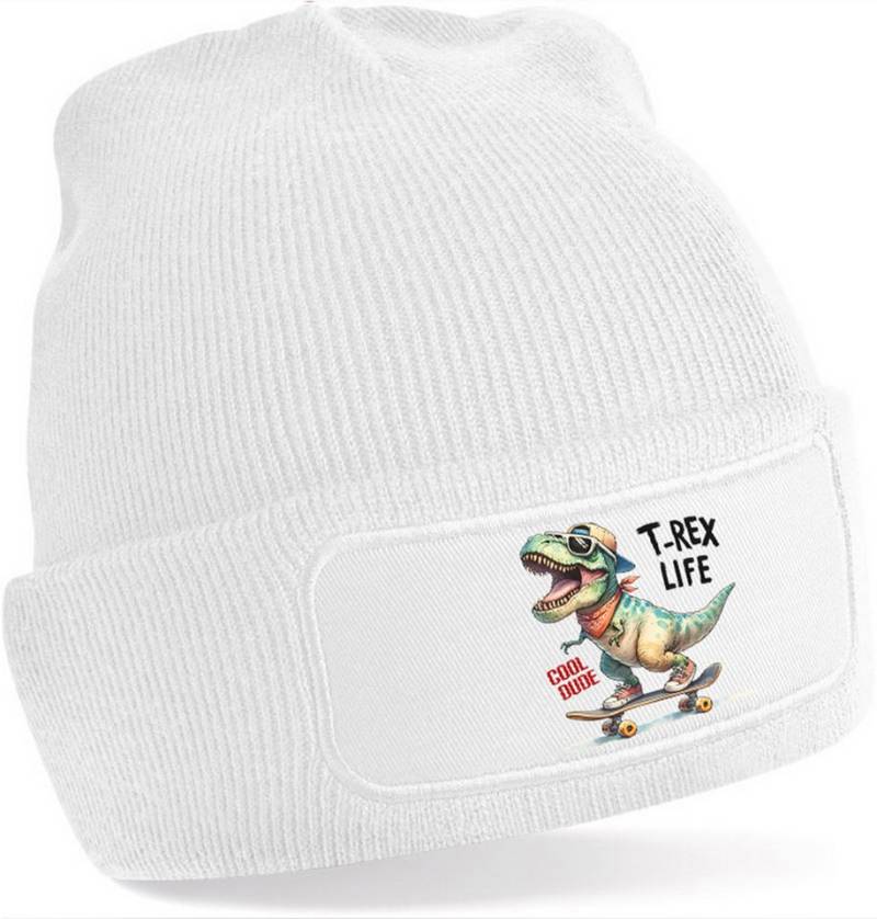 MyDesign24 Strickmütze für kalte Tage - Beanie mit Umschlag und Dino Skater Print Dino Skater Mütze Männer Frauen Jungen und Mädchen Wintermütze i532 von MyDesign24