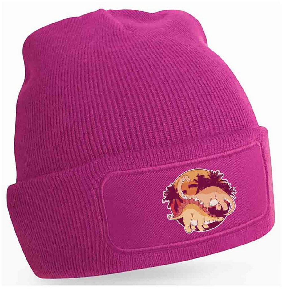 MyDesign24 Strickmütze für kalte Tage - Beanie mit Umschlag und Dinosaurier Print Dino Mütze Wintermütze für Männer, Frauen, Jungen und Mädchen i33 von MyDesign24