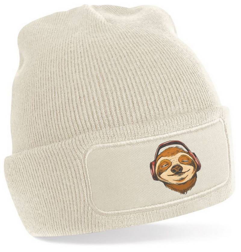 MyDesign24 Strickmütze für kalte Tage - Beanie mit Umschlag und Faultier Print Coole Wildtier Mütze Wintermütze i370 von MyDesign24