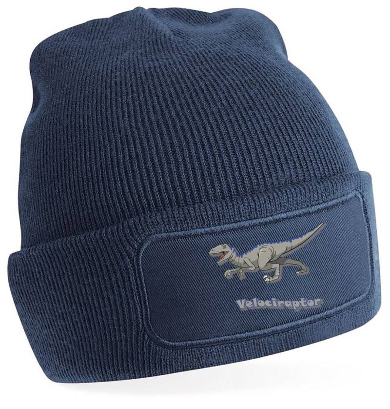MyDesign24 Strickmütze für kalte Tage - Beanie mit Umschlag und Raptor Print Coole Dinosaurier Mütze Wintermütze i64 von MyDesign24
