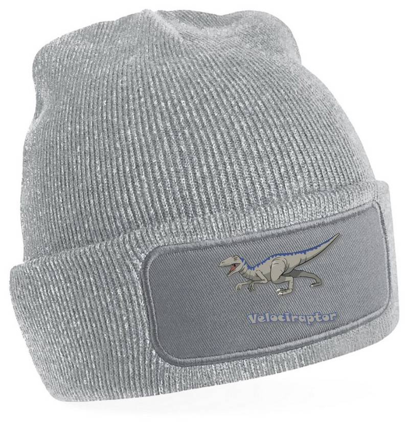 MyDesign24 Strickmütze für kalte Tage - Beanie mit Umschlag und Raptor Print Coole Dinosaurier Mütze Wintermütze i64 von MyDesign24