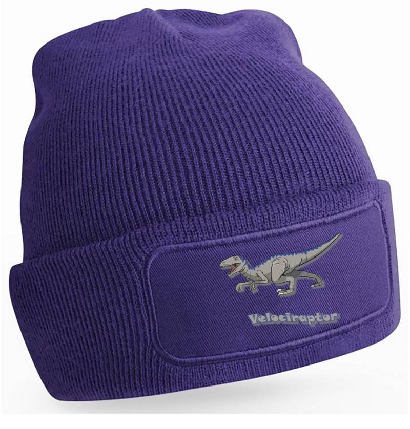 MyDesign24 Strickmütze für kalte Tage - Beanie mit Umschlag und Raptor Print Coole Dinosaurier Mütze Wintermütze i64 von MyDesign24