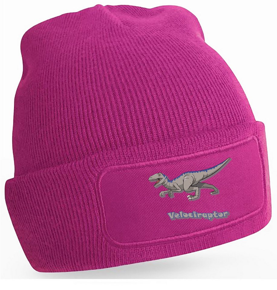 MyDesign24 Strickmütze für kalte Tage - Beanie mit Umschlag und Raptor Print Coole Dinosaurier Mütze Wintermütze i64 von MyDesign24
