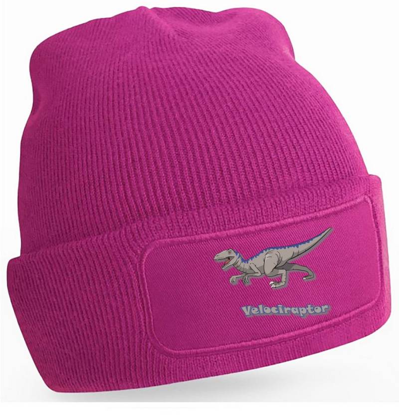 MyDesign24 Strickmütze für kalte Tage - Beanie mit Umschlag und Raptor Print Coole Dinosaurier Mütze Wintermütze i64 von MyDesign24