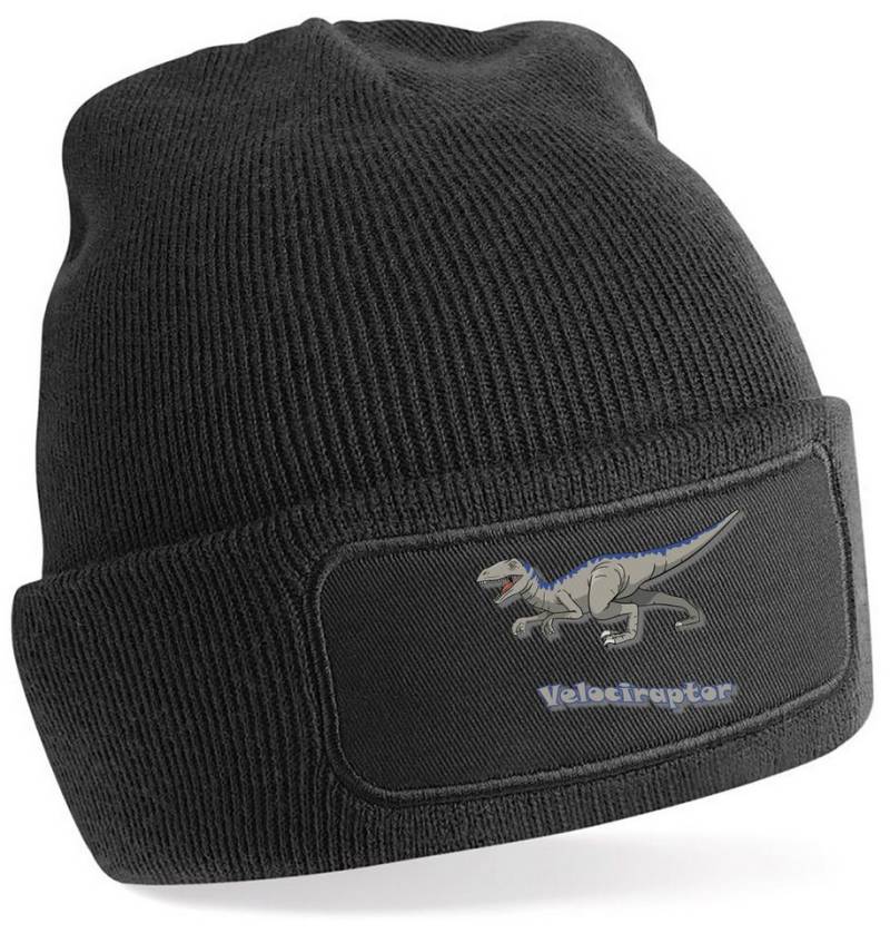 MyDesign24 Strickmütze für kalte Tage - Beanie mit Umschlag und Raptor Print Coole Dinosaurier Mütze Wintermütze i64 von MyDesign24