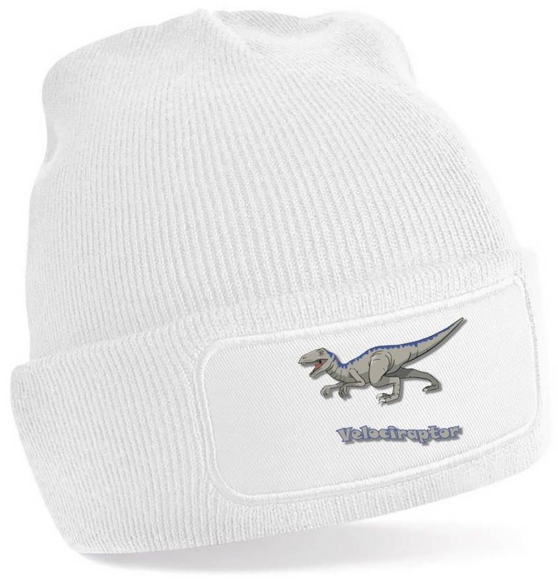 MyDesign24 Strickmütze für kalte Tage - Beanie mit Umschlag und Raptor Print Coole Dinosaurier Mütze Wintermütze i64 von MyDesign24