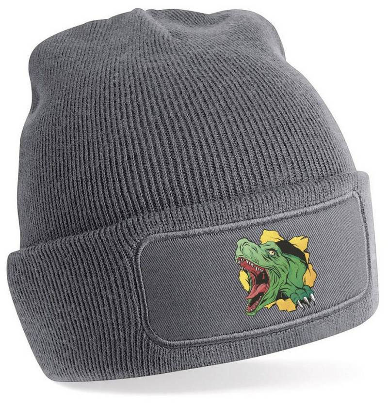 MyDesign24 Strickmütze für kalte Tage - Beanie mit Umschlag und T-Rex Print Coole Dinosaurier Mütze Wintermütze i68 von MyDesign24