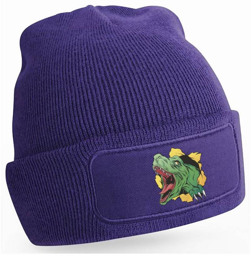 MyDesign24 Strickmütze für kalte Tage - Beanie mit Umschlag und T-Rex Print Coole Dinosaurier Mütze Wintermütze i68 von MyDesign24