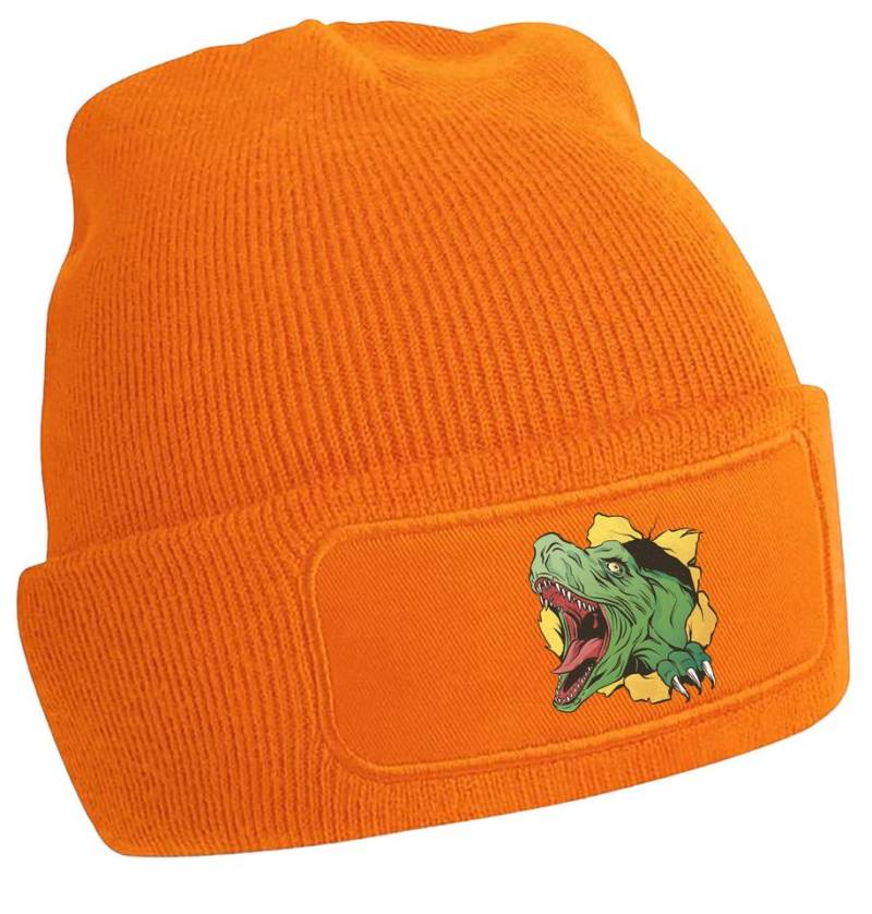 MyDesign24 Strickmütze für kalte Tage - Beanie mit Umschlag und T-Rex Print Coole Dinosaurier Mütze Wintermütze i68 von MyDesign24