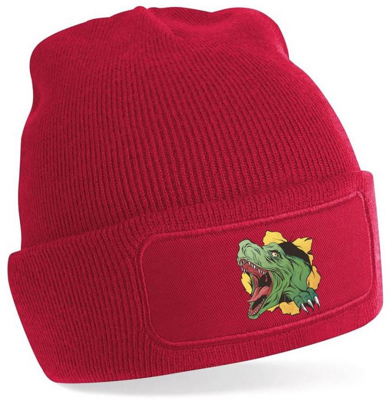 MyDesign24 Strickmütze für kalte Tage - Beanie mit Umschlag und T-Rex Print Coole Dinosaurier Mütze Wintermütze i68 von MyDesign24