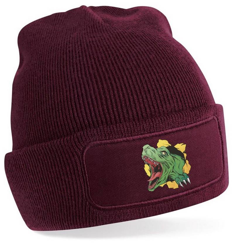 MyDesign24 Strickmütze für kalte Tage - Beanie mit Umschlag und T-Rex Print Coole Dinosaurier Mütze Wintermütze i68 von MyDesign24