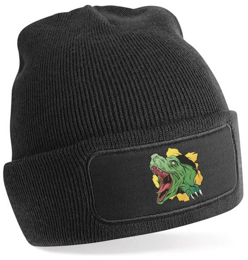 MyDesign24 Strickmütze für kalte Tage - Beanie mit Umschlag und T-Rex Print Coole Dinosaurier Mütze Wintermütze i68 von MyDesign24