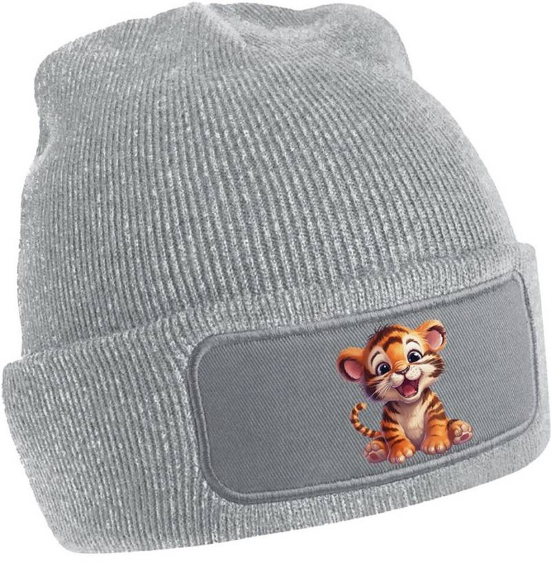 MyDesign24 Strickmütze für kalte Tage - Beanie mit Umschlag und Tiger Print Coole Tiger Mütze Wintermütze i266 von MyDesign24