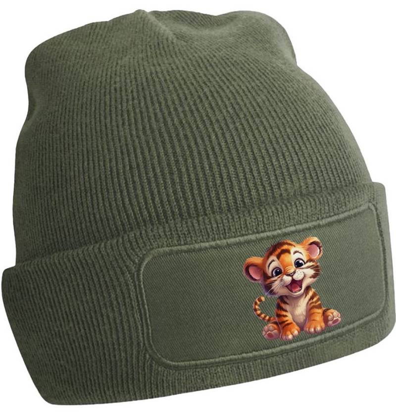 MyDesign24 Strickmütze für kalte Tage - Beanie mit Umschlag und Tiger Print Coole Tiger Mütze Wintermütze i266 von MyDesign24