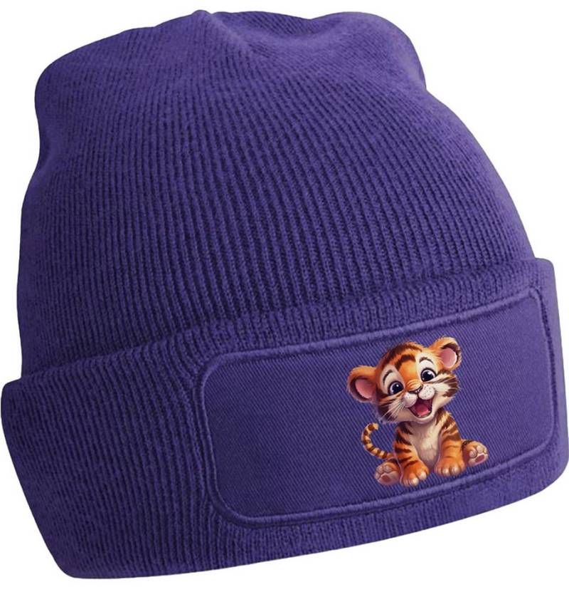 MyDesign24 Strickmütze für kalte Tage - Beanie mit Umschlag und Tiger Print Coole Tiger Mütze Wintermütze i266 von MyDesign24