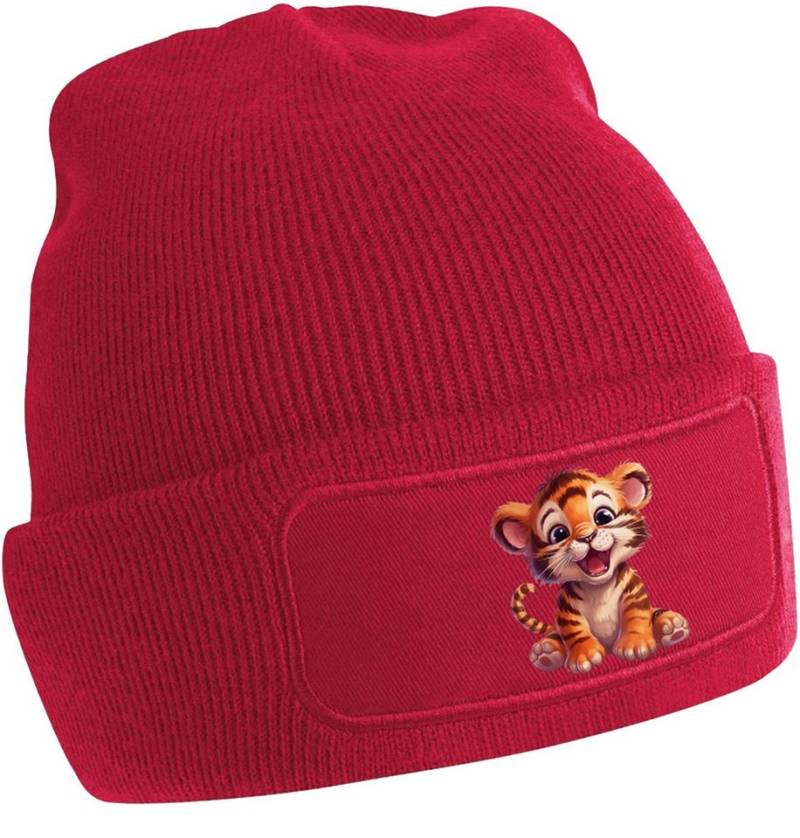 MyDesign24 Strickmütze für kalte Tage - Beanie mit Umschlag und Tiger Print Coole Tiger Mütze Wintermütze i266 von MyDesign24