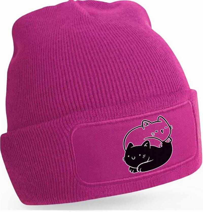 MyDesign24 Strickmütze für kalte Tage - Beanie mit Umschlag und YinYang Katzen Print Katzen Mütze Wintermütze für Männer, Frauen, Jungen und Mädchen i112 von MyDesign24