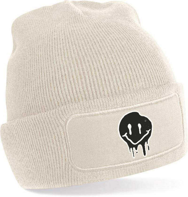 MyDesign24 Strickmütze für kalte Tage - Beanie mit Umschlag und stylischem Gesicht Print Coole Mütze Wintermütze für Männer, Frauen, Jungen und Mädchen i292 von MyDesign24