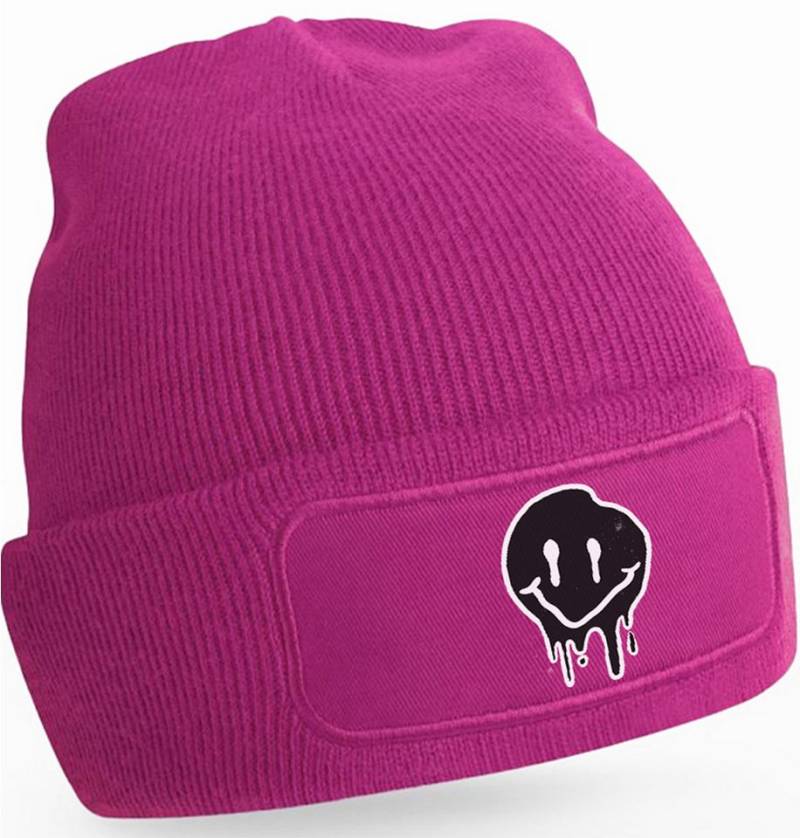 MyDesign24 Strickmütze für kalte Tage - Beanie mit Umschlag und stylischem Gesicht Print Coole Mütze Wintermütze für Männer, Frauen, Jungen und Mädchen i292 von MyDesign24