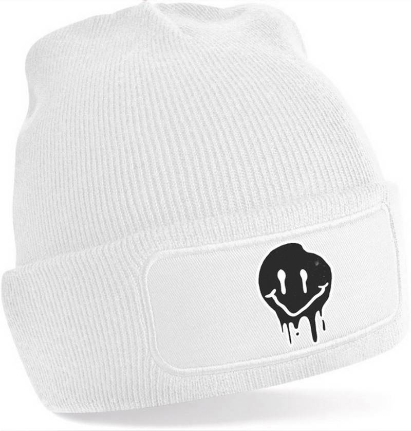 MyDesign24 Strickmütze für kalte Tage - Beanie mit Umschlag und stylischem Gesicht Print Coole Mütze Wintermütze für Männer, Frauen, Jungen und Mädchen i292 von MyDesign24