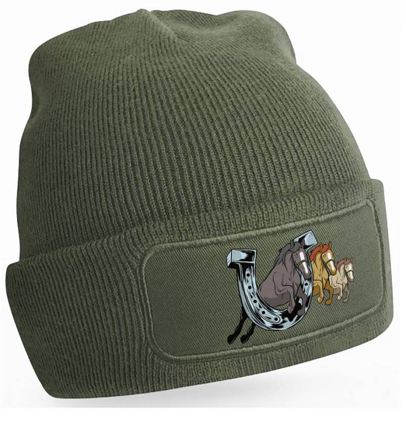 MyDesign24 Strickmütze für kalte Tage - Beanie mit springenden Pferden Print Coole Pferde Mütze Wintermütze i145 von MyDesign24