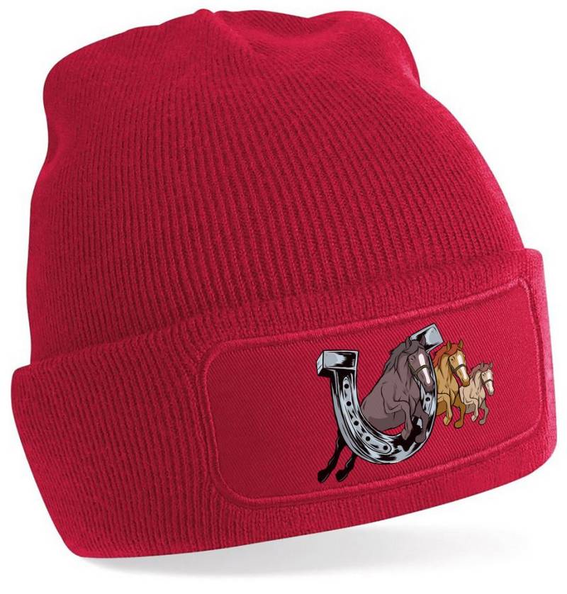 MyDesign24 Strickmütze für kalte Tage - Beanie mit springenden Pferden Print Coole Pferde Mütze Wintermütze i145 von MyDesign24