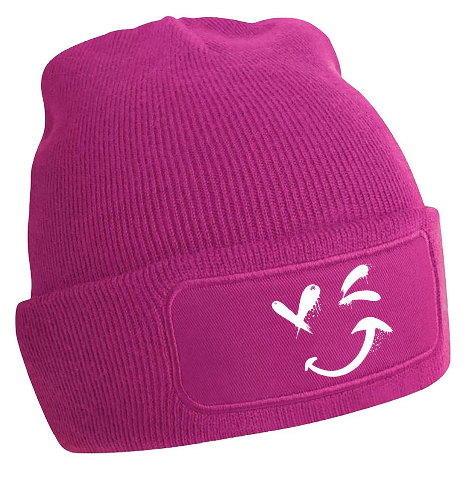 MyDesign24 Strickmütze für kalte Tage - Beanie mit zwinkerndem Gesicht Print Coole Street-Art Mütze Wintermütze i328 von MyDesign24