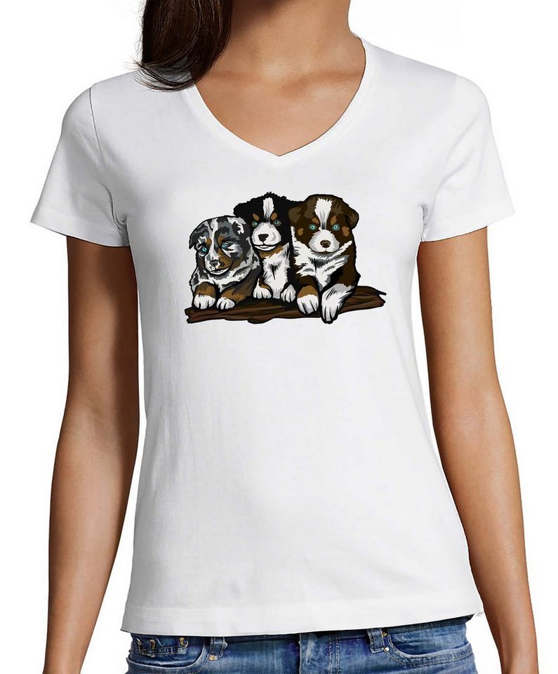 MyDesign24 T-Shirt Damen Hunde Print Shirt - Drei Hundewelpen V-Ausschnitt Baumwollshirt mit Aufdruck Slim Fit, i215 von MyDesign24