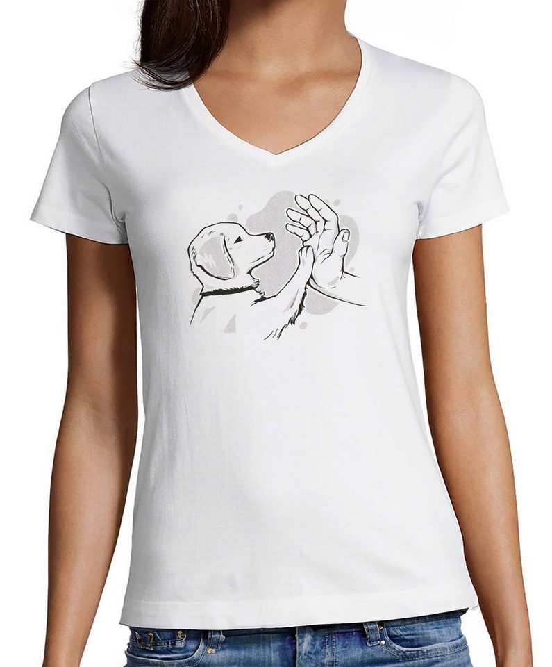 MyDesign24 T-Shirt Damen Hunde Print Shirt - Hundewelpen gibt high five V-Ausschnitt Baumwollshirt mit Aufdruck Slim Fit, i241 von MyDesign24