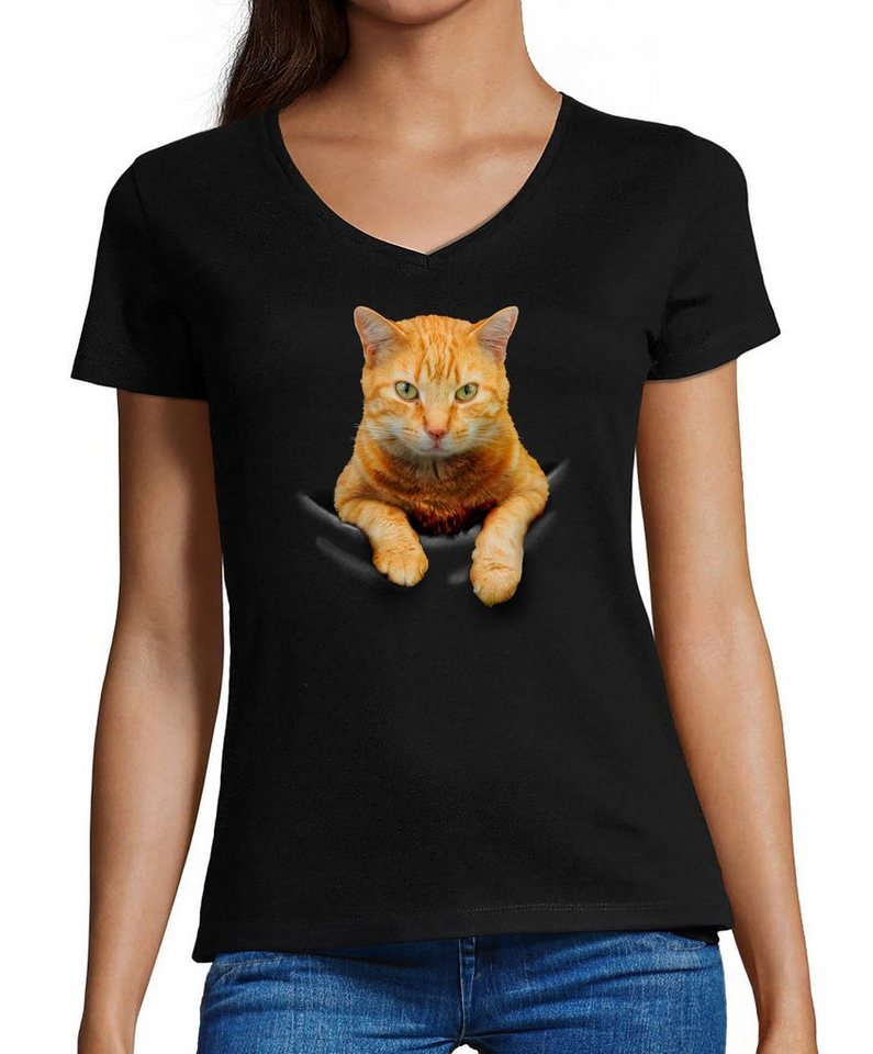 MyDesign24 T-Shirt Damen Katzen Print Shirt bedruckt - Gelbe Katze in der Tasche Slim Fit, i109, Baumwollshirt mit Aufdruck von MyDesign24