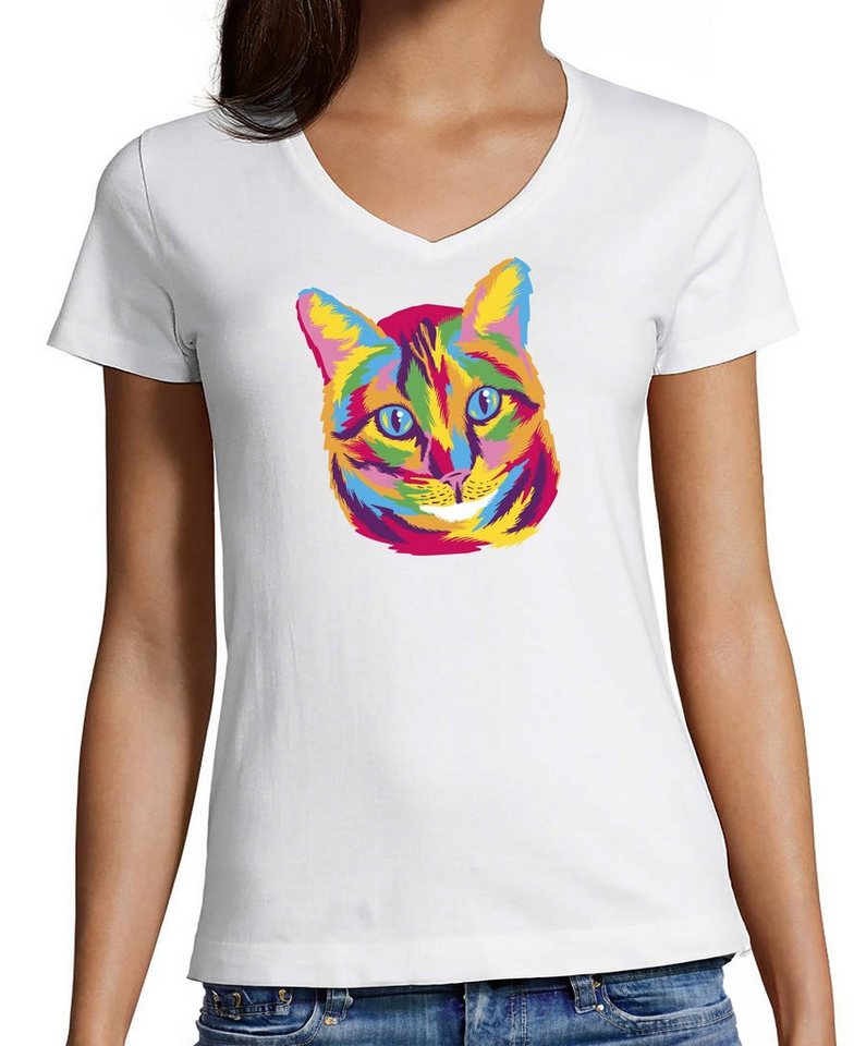 MyDesign24 T-Shirt Damen Katzen Print Shirt bedruckt - Katze in Ölfarben V-Ausschnitt Baumwollshirt mit Aufdruck Slim Fit, i125 von MyDesign24