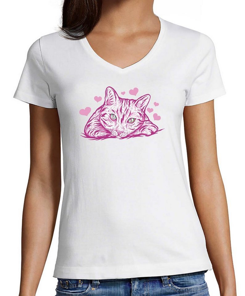 MyDesign24 T-Shirt Damen Katzen Print Shirt bedruckt - Pinke Katze mit Herzen Baumwollshirt mit Aufdruck, Slim Fit, i122 von MyDesign24