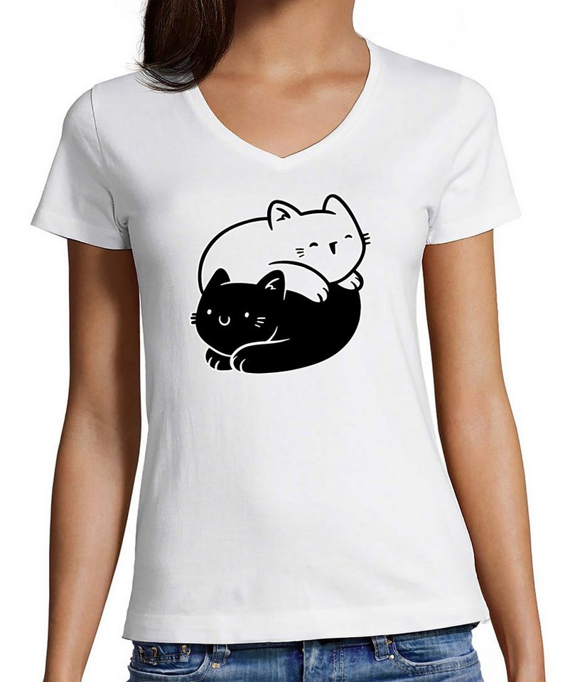 MyDesign24 T-Shirt Damen Katzen Print Shirt bedruckt - Yin Yang Katze Baumwollshirt mit Aufdruck, Slim Fit, i112 von MyDesign24