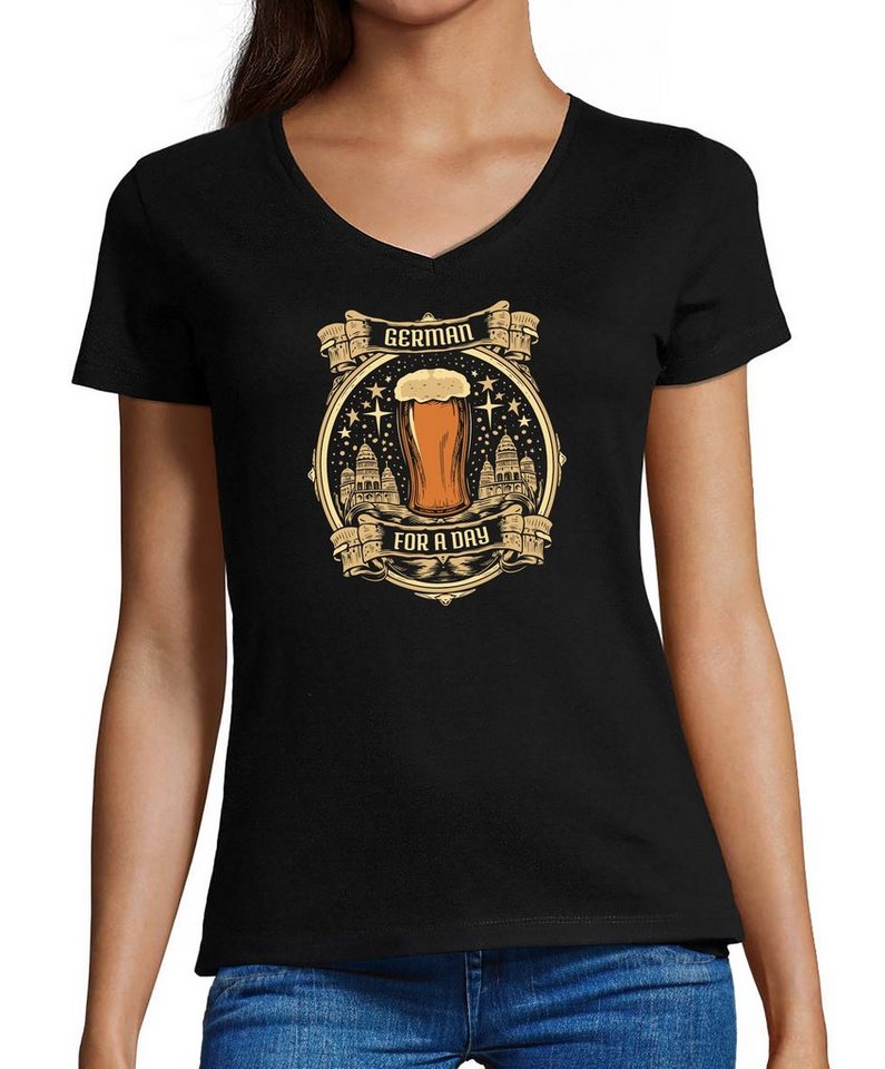 MyDesign24 T-Shirt Damen Oktoberfest T-Shirt - Bierglas mit German for a Day V-Ausschnitt Print Shirt Slim Fit, i314 von MyDesign24