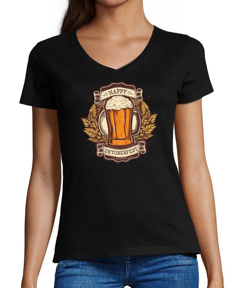 MyDesign24 T-Shirt Damen Oktoberfest T-Shirt - Happy Oktoberfest V-Ausschnitt Print Shirt Slim Fit, i315 von MyDesign24