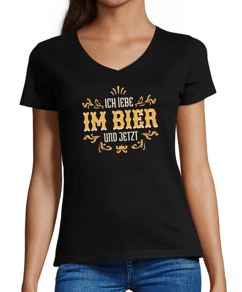 MyDesign24 T-Shirt Damen Oktoberfest T-Shirt - Ich Lebe im Bier und jetzt V-Ausschnitt Print Shirt Slim Fit, i307 von MyDesign24