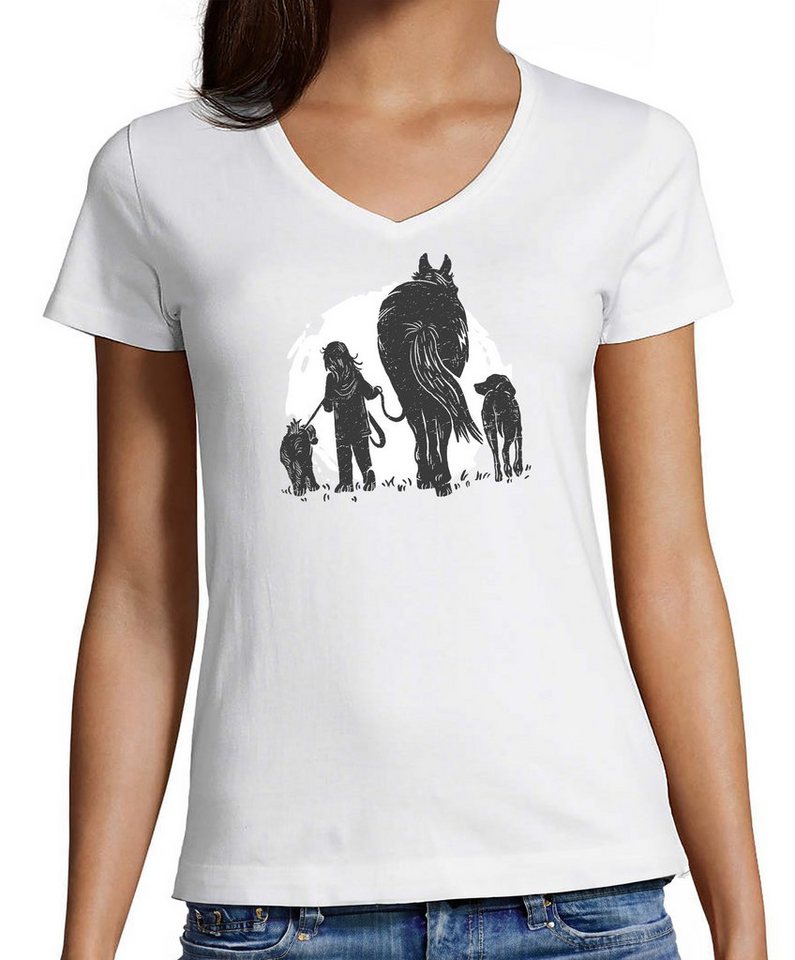 MyDesign24 T-Shirt Damen Pferde Print Shirt - Pferd mit Mädchen und Hunden V-Ausschnitt Baumwollshirt mit Aufdruck Slim Fit, i150 von MyDesign24