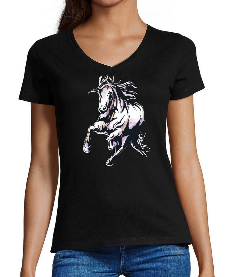 MyDesign24 T-Shirt Damen Pferde Print Shirt - Rennendes Pferd V-Ausschnitt Baumwollshirt mit Aufdruck Slim Fit, i168 von MyDesign24