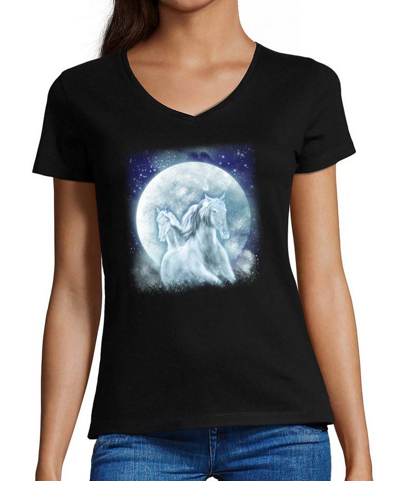 MyDesign24 T-Shirt Damen Pferde Print Shirt bedruckt - Fantasy Pferde vor Mond Baumwollshirt mit Aufdruck, Slim Fit, i136 von MyDesign24