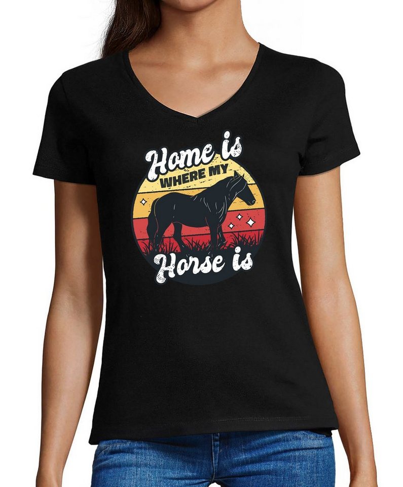 MyDesign24 T-Shirt Damen Pferde Print Shirt bedruckt - Home is where my Horse is Baumwollshirt mit Aufdruck, Slim Fit, i156 von MyDesign24